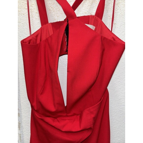 Michelle Mason Maxi Dress Women 10 Gown Halter Top Hook Slit Red V Neck Zip - Picture 6 of 16